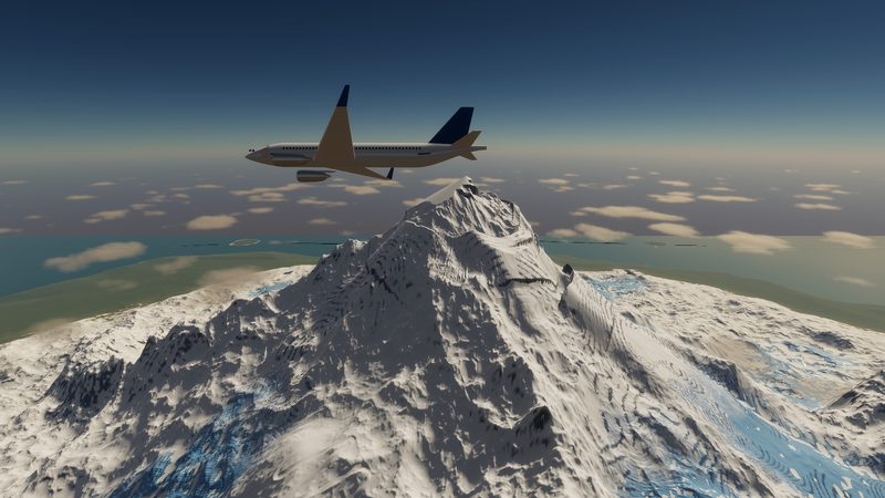 Airliner flying past a snowy summit high above the clouds