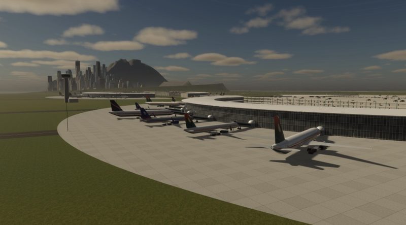 Airport terminal with jet bridges and parked airliners, the city skyline beyond