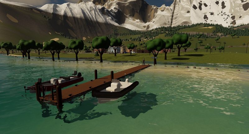 Alpine lake with a wooden dock and moored boats, a town and snowy mountains behind