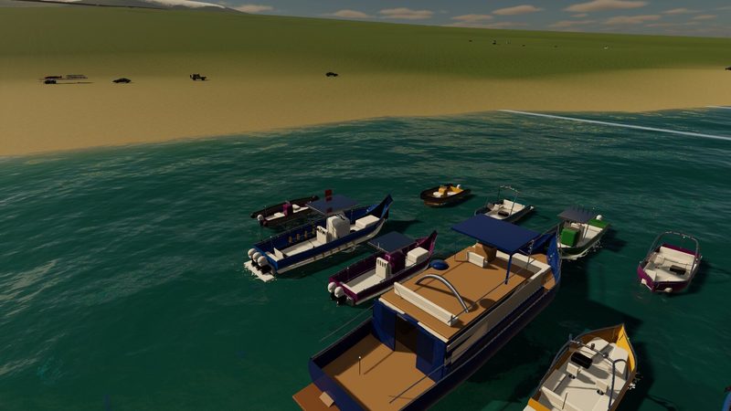 A crowd of boats off a sandy beach: cabin cruisers, a pontoon and small runabouts