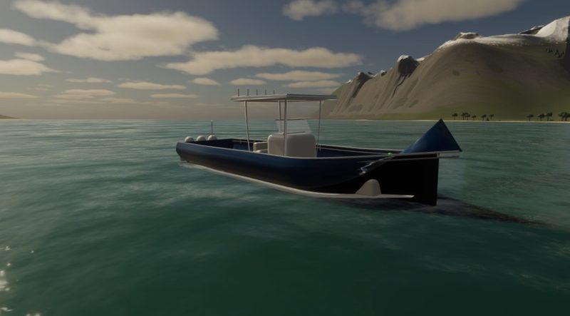 Dark-blue center-console boat out on the water off a mountainous coast