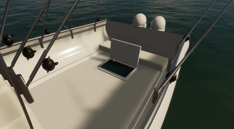 On the deck of a fishing boat: rod holders along the rails and an open deck hatch