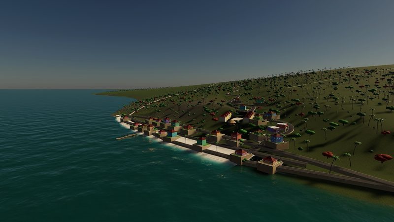 Island town seen from the sea: red-roof houses along the shore below green hills