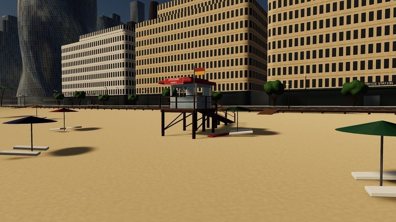 City beach with a lifeguard tower, umbrellas and loungers in front of the buildings