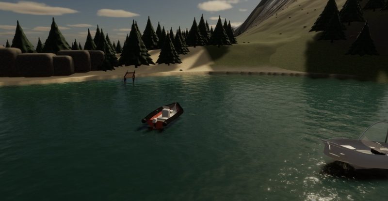 Mountain lake ringed with pines: a small dock, an inflatable boat and a wakeboard boat