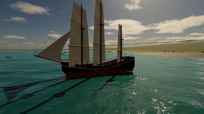 Three-masted sailing ship under full sail on turquoise water