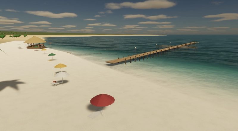 White-sand beach with umbrellas, a thatched tiki hut and a long wooden pier